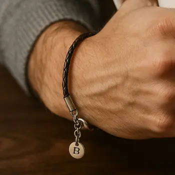 צמיד עור לגבר עם תליון בעיצוב אישי